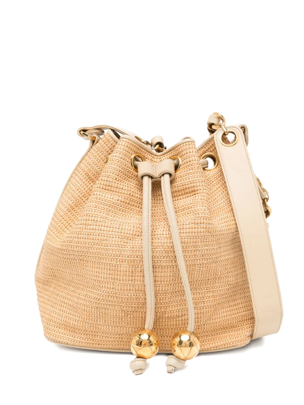 Click to view more detailed imagery on our partner's website Pre-owned Chanel 1992 Raffia Straw Jute Gold Cc Balls Drawstring Bucket Bag In Neutral