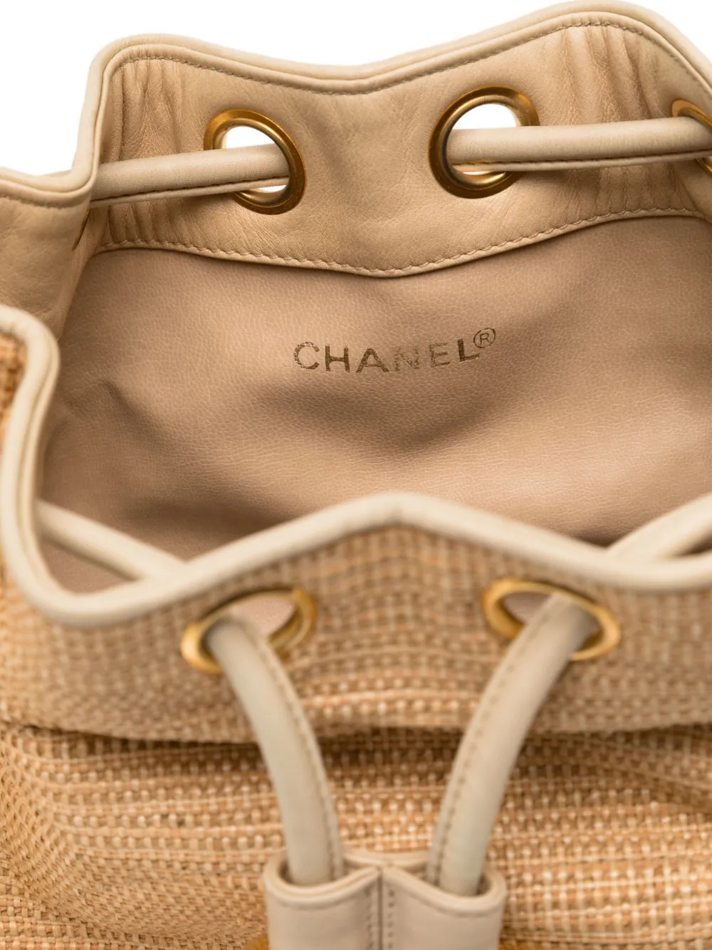 CHANEL Pre-owned 1992 Raffia Straw Jute Gold Cc Balls Drawstring Bucket Bag In Neutral