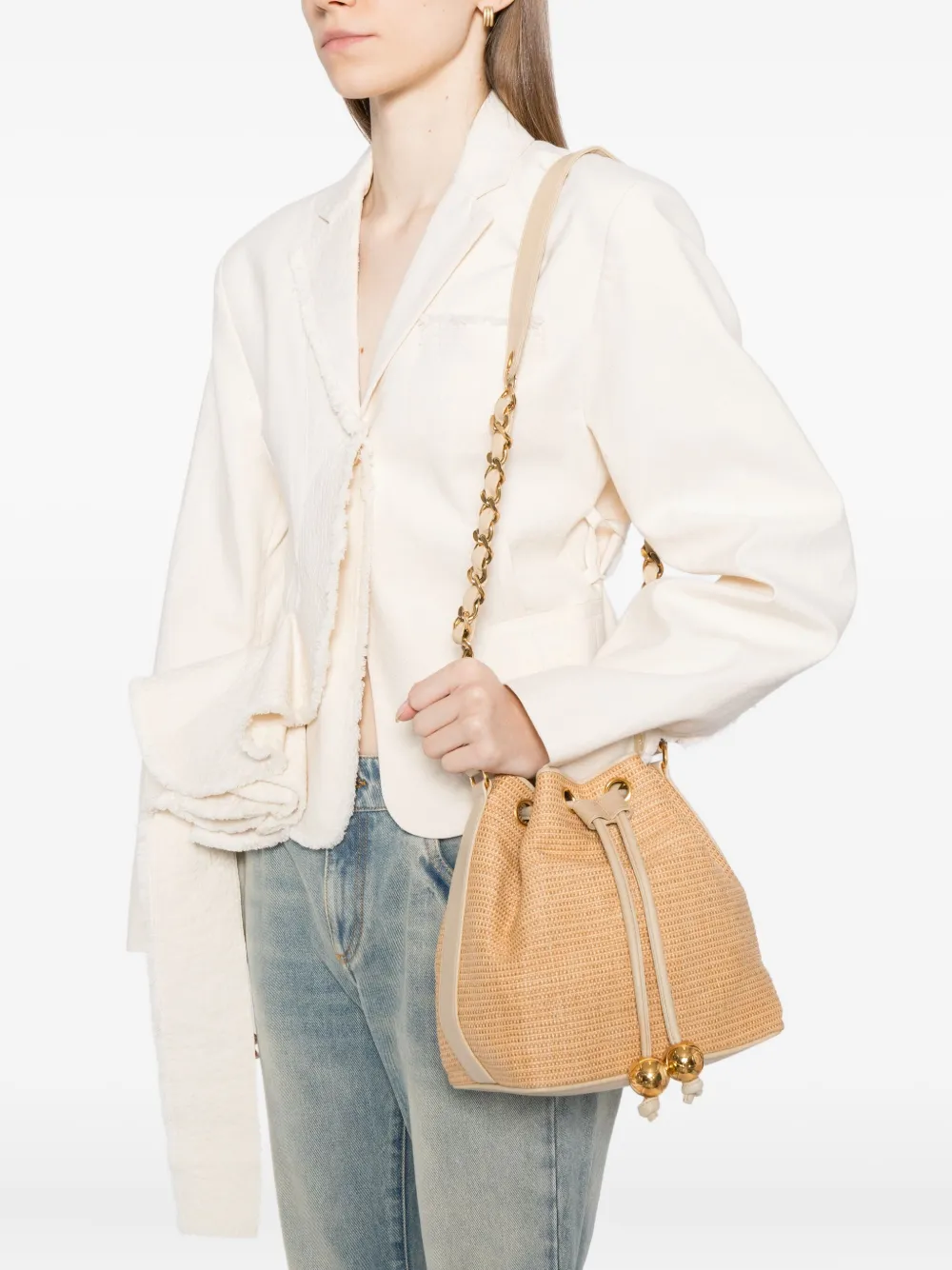 CHANEL Pre-owned 1992 Raffia Straw Jute Gold Cc Balls Drawstring Bucket Bag In Neutral