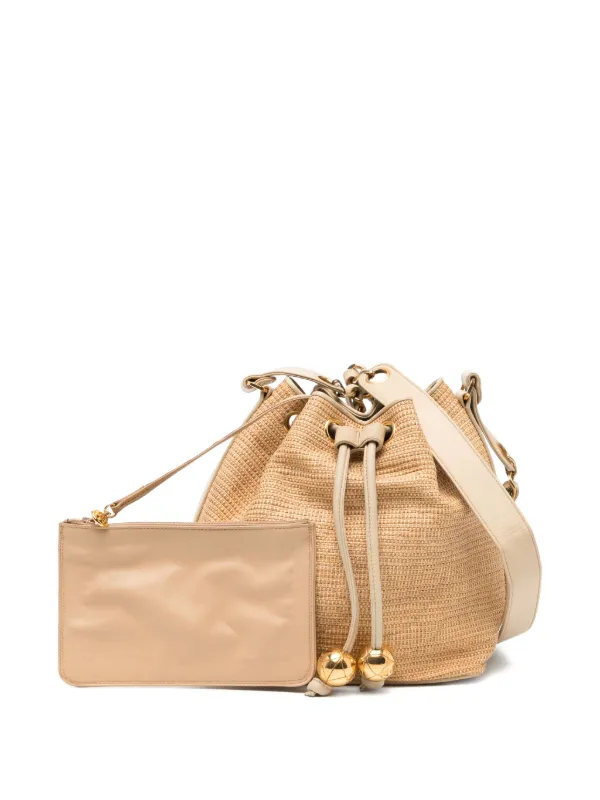 CHANEL Pre-Owned 1992 Raffia Straw Jute Gold CC Balls Drawstring