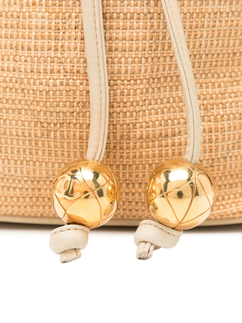 CHANEL Pre-owned 1992 Raffia Straw Jute Gold Cc Balls Drawstring Bucket Bag In Neutral