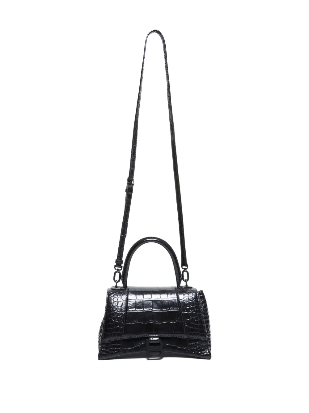 Pre-owned Balenciaga 2010-2025 Hourglass Crocodile-embossed Shoulder Bag In Black