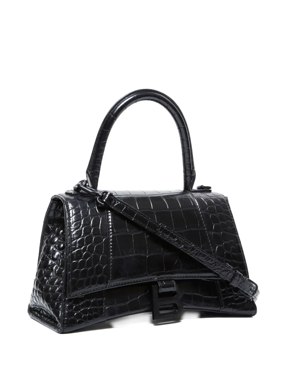 Pre-owned Balenciaga 2010-2025 Hourglass Crocodile-embossed Shoulder Bag In Black