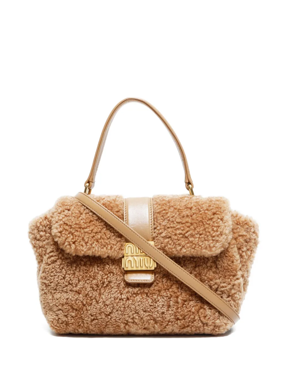 Pre-owned Miu Miu 2020-2025s Shearling Top-handle Tote Bag In Brown