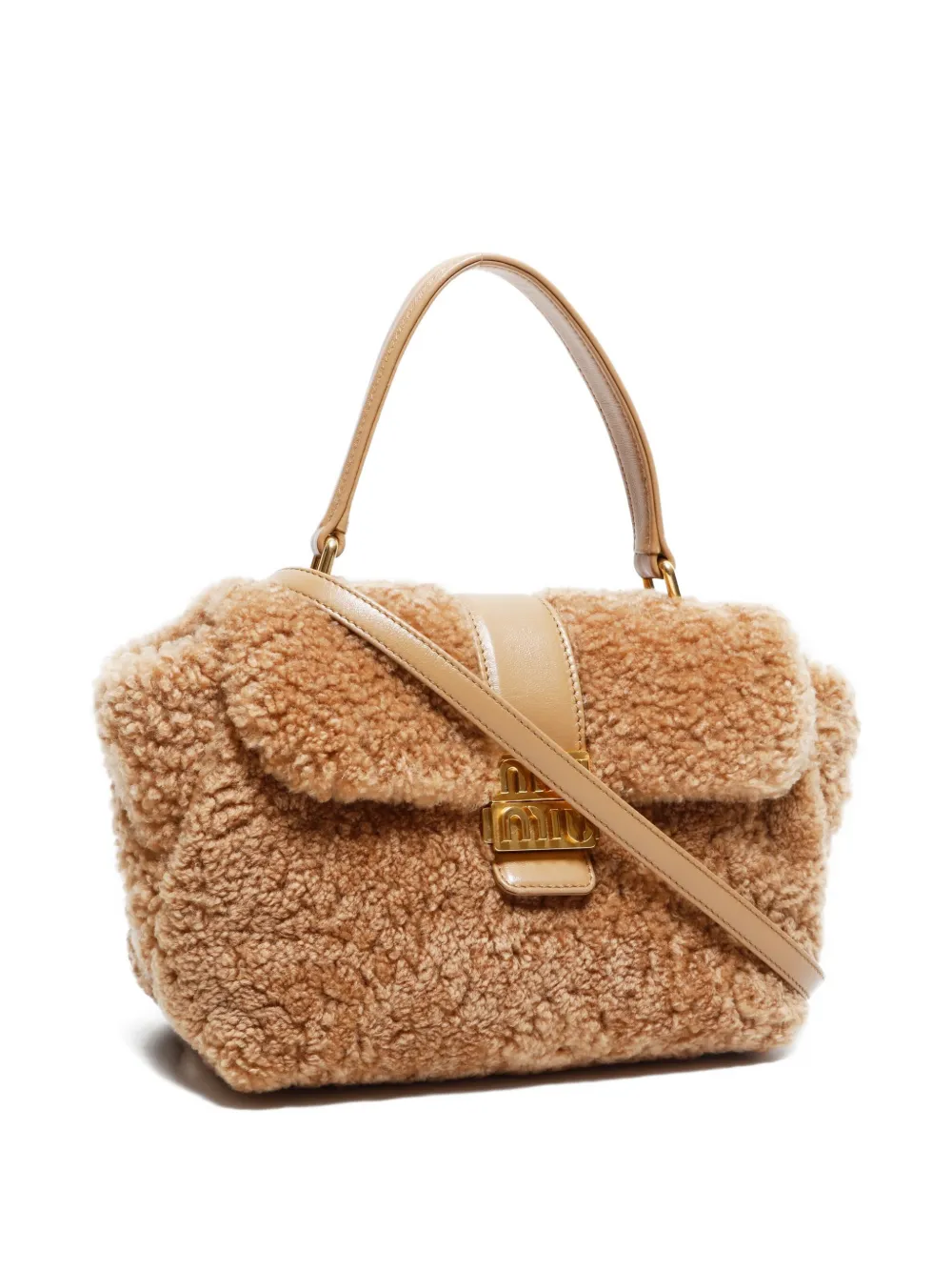 Pre-owned Miu Miu 2020-2025s Shearling Top-handle Tote Bag In Brown