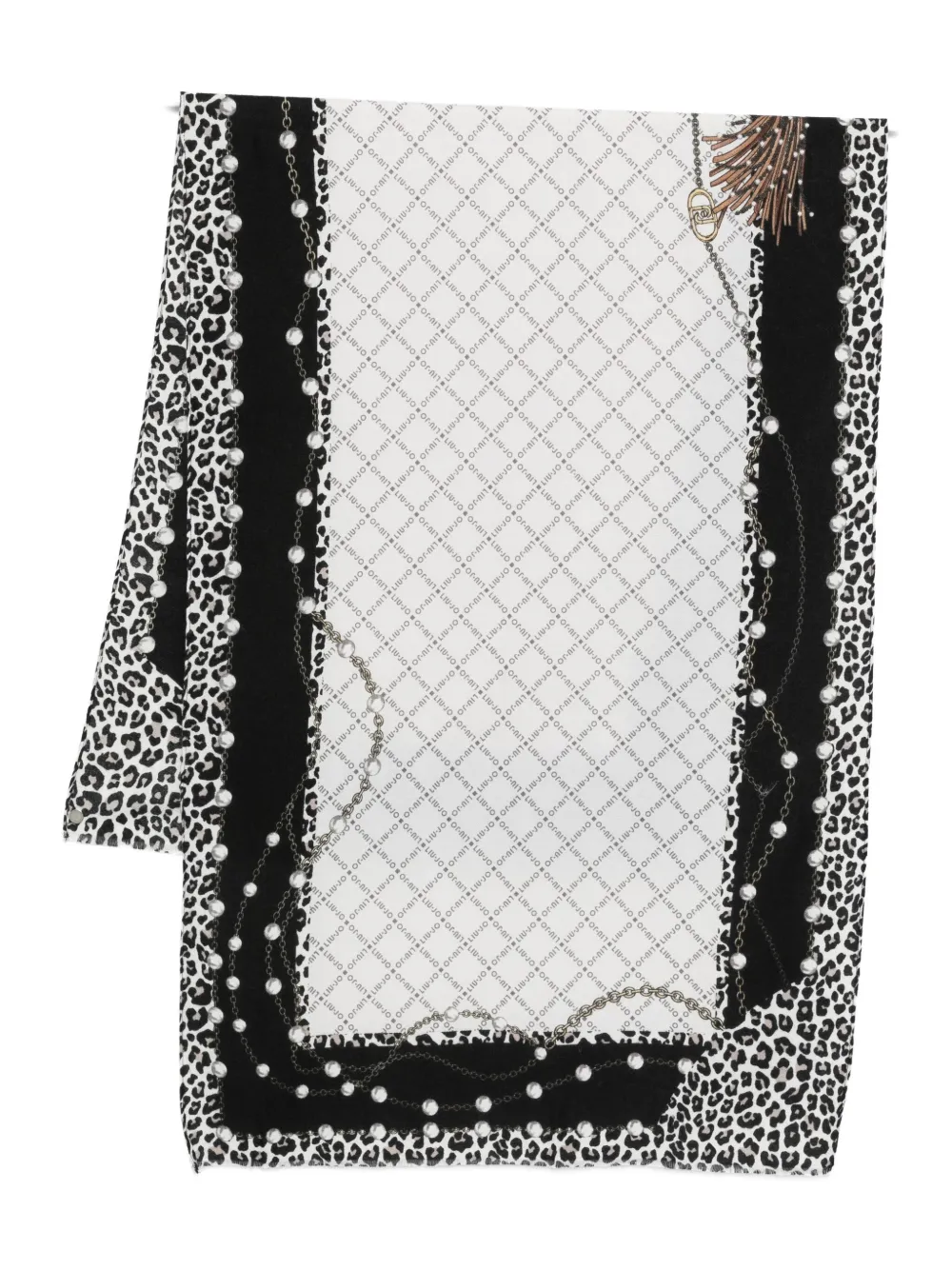Liu •jo Leopard-print Pearl-embellished Scarf In Black