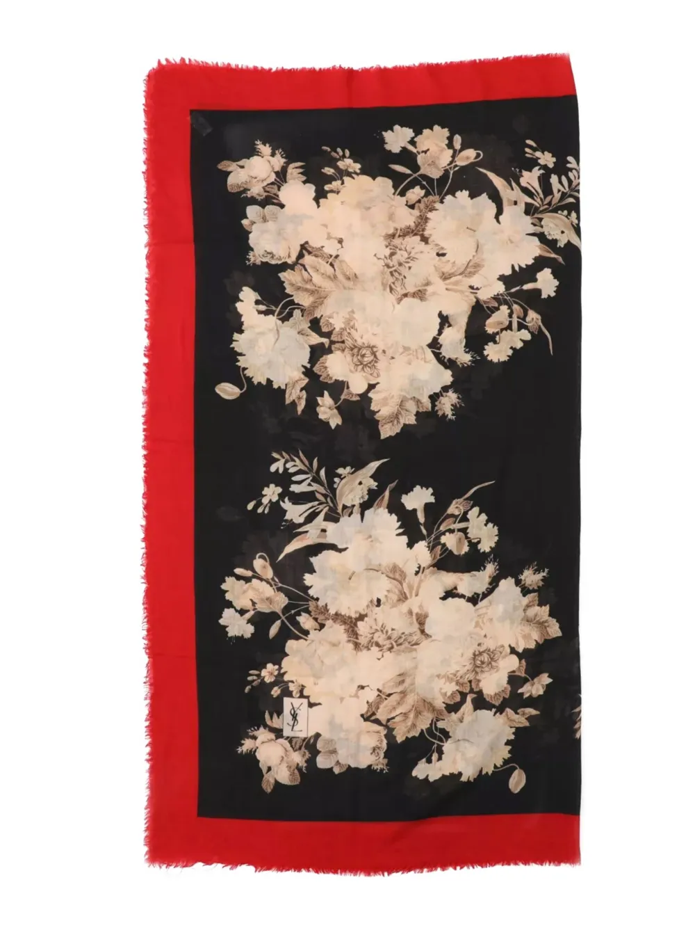 Pre-owned Saint Laurent 1990s Floral-print Fringed Scarf In Black