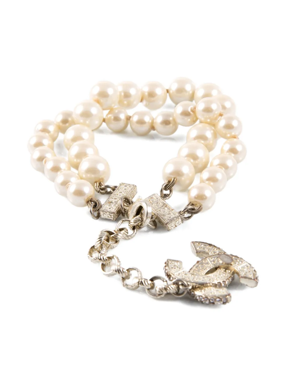 Pre-owned Chanel 2000s Faux-pearl Interlocking-logo Bracelet In Silver