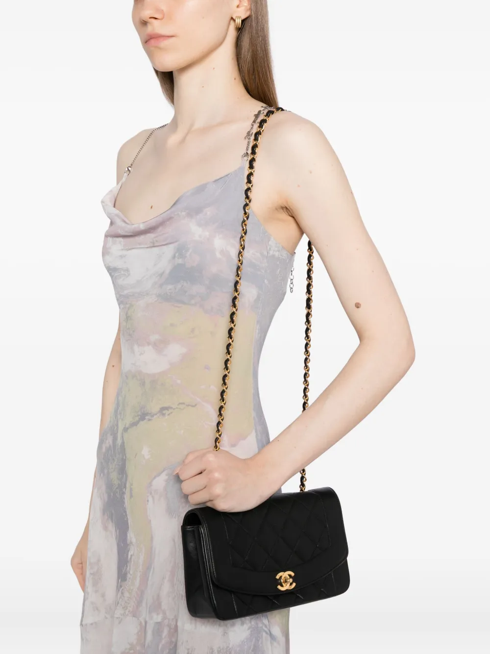 CHANEL Pre-Owned 1991 Diana Medium Black Lambskin Diana Stripe Classic Flap Shoulder Bag | Pre-Owned | Image 2
