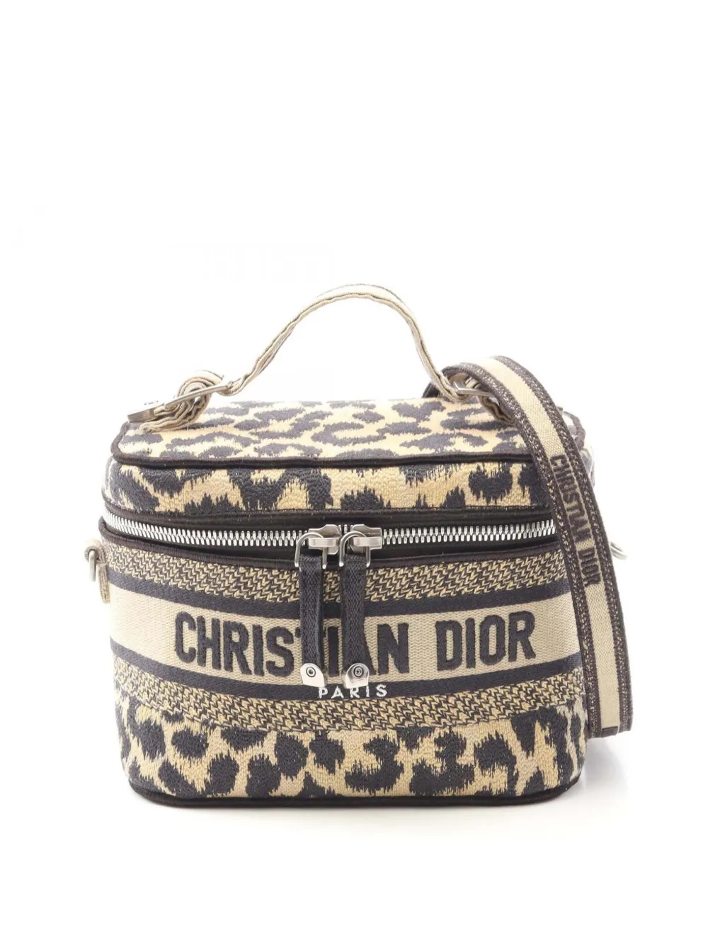 Pre-owned Dior 2021 Mizza Small Embroidered Canvas Travel Leopard Vanity Case Satchel In Brown
