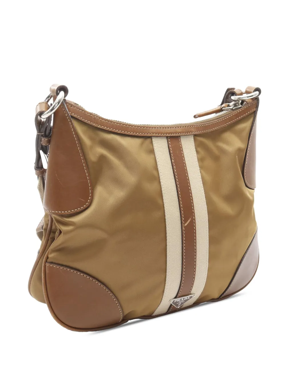Pre-owned Prada 2013-2025 Leather Trimmed Tessuto Stripe Crossbody Bag In Brown