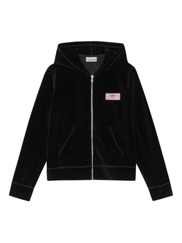 GANNI Velour zip-up Hoodie | Black | FARFETCH
