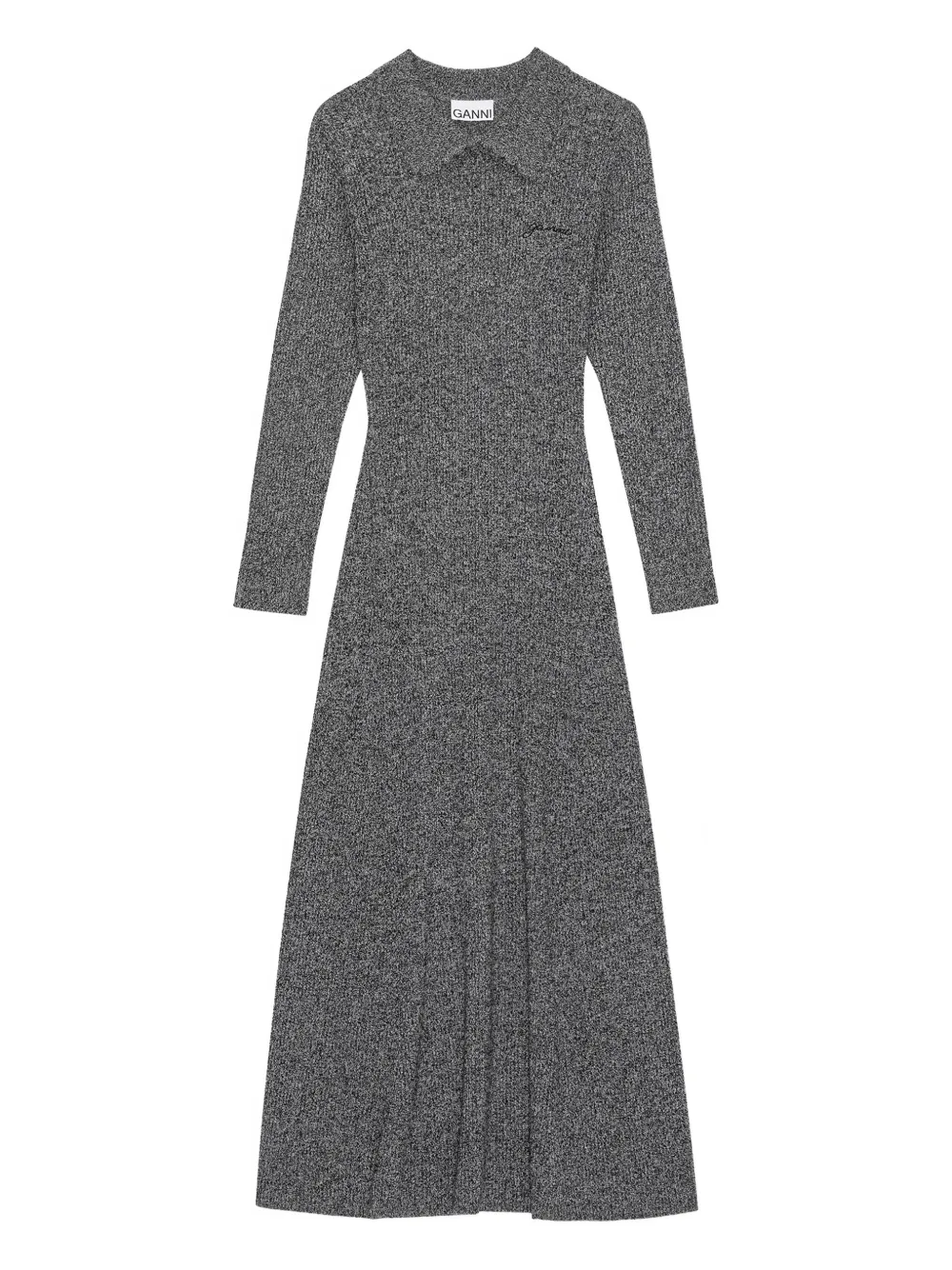 Ganni Long Sleeve Collared Maxi Dress In Gray