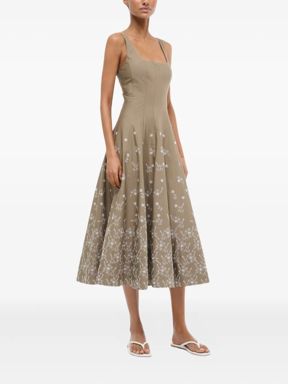 STAUD floral-embroidered midi dress - Beige