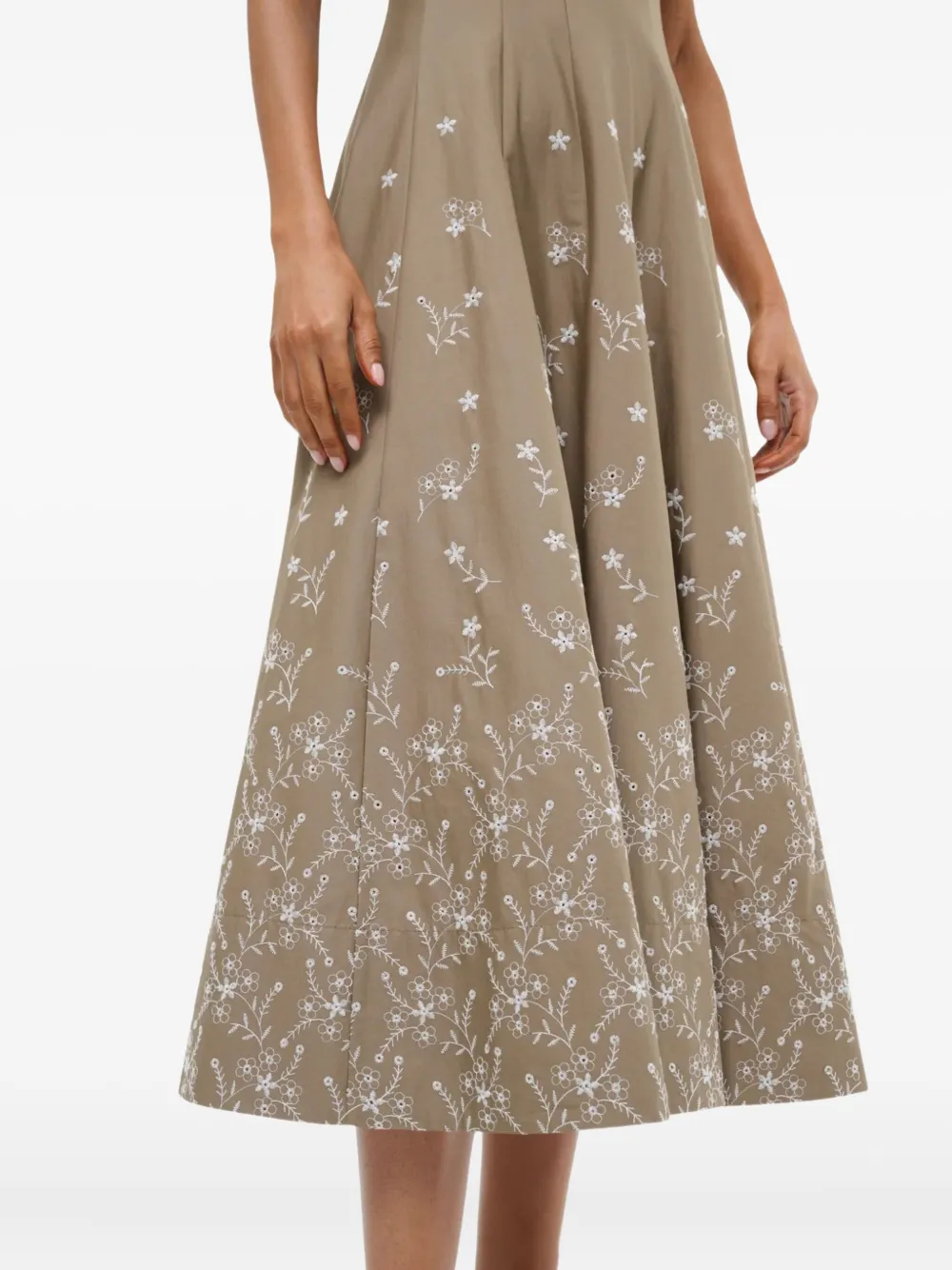 STAUD Midi-jurk met geborduurde bloemen Beige
