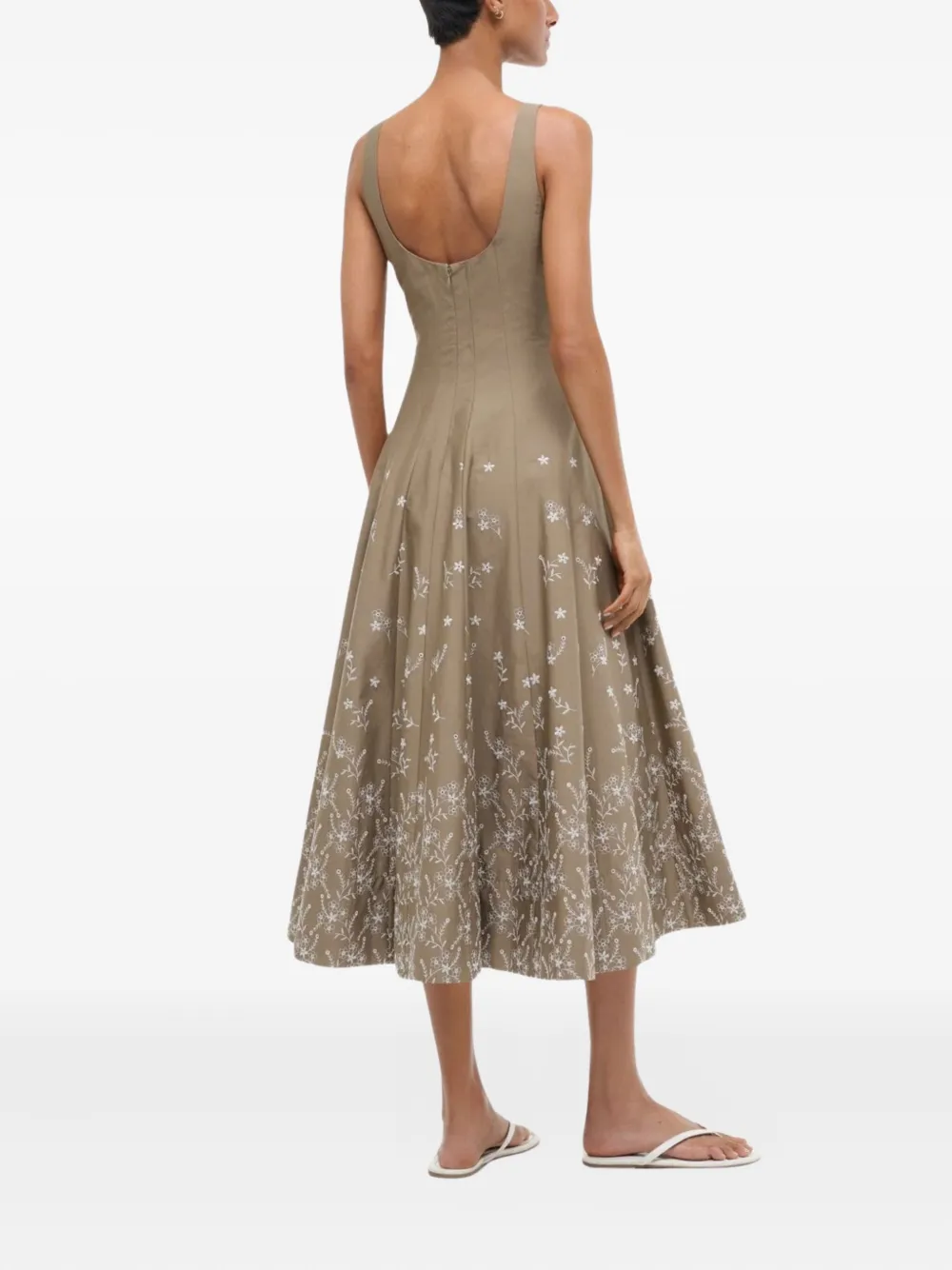 STAUD Midi-jurk met geborduurde bloemen Beige