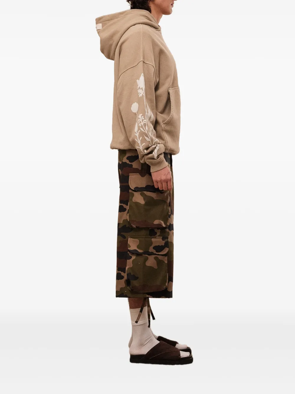 Rough Floral-print Pocket Hoodie In Brown