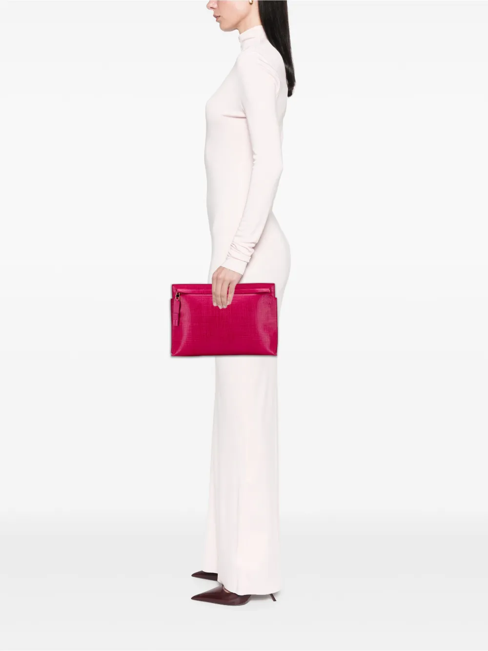Pre-owned Loewe 2016 Large Linen Embossed Patent Anagram Repeat T Pouch Clutch Bag In Pink