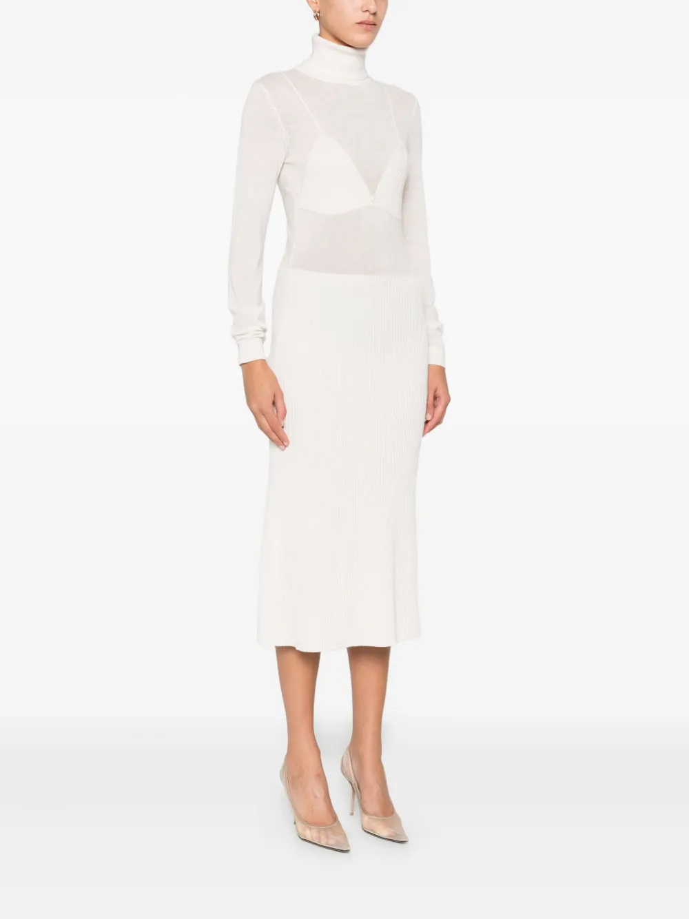Elisabetta Franchi Turtleneck Ribbed Dress In Neutral