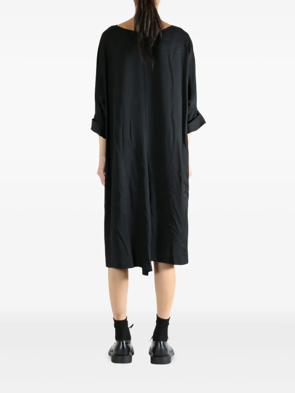 Yohji Yamamoto boat-neck rolled-sleeve midi dress Zwart