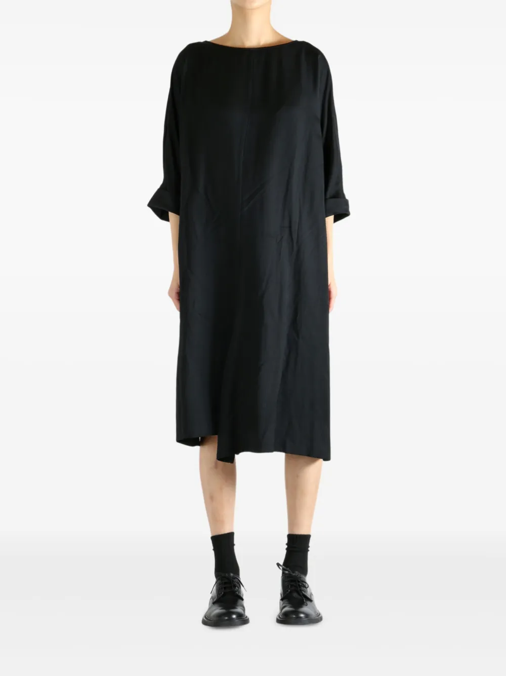 Yohji Yamamoto boat-neck rolled-sleeve midi dress - Zwart