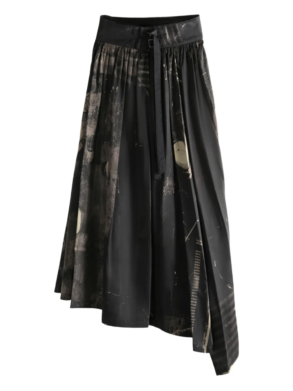 Y's Pleated Print Midi Skirt In Black