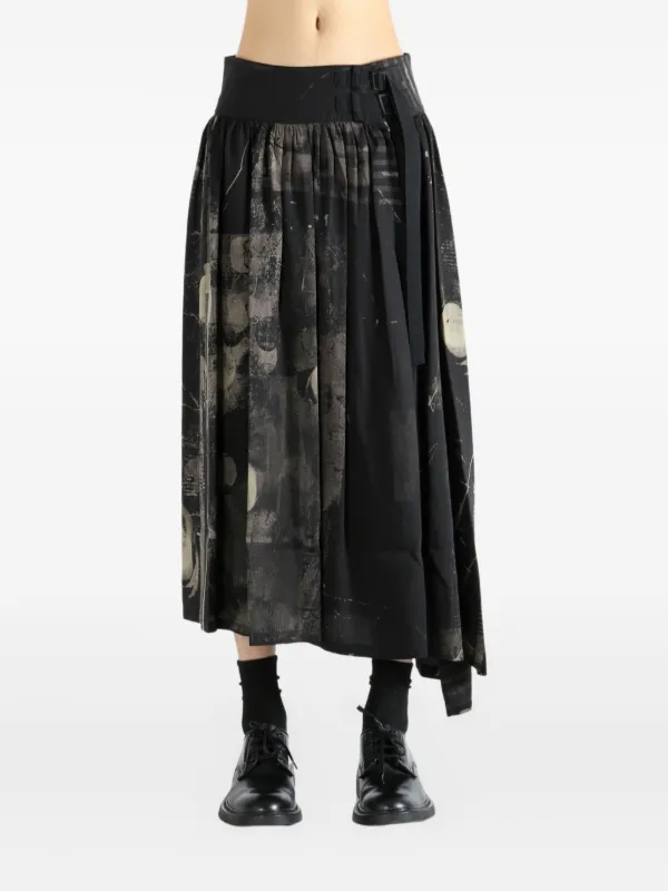 Y's Pleated Print Midi Skirt Black FARFETCH IN