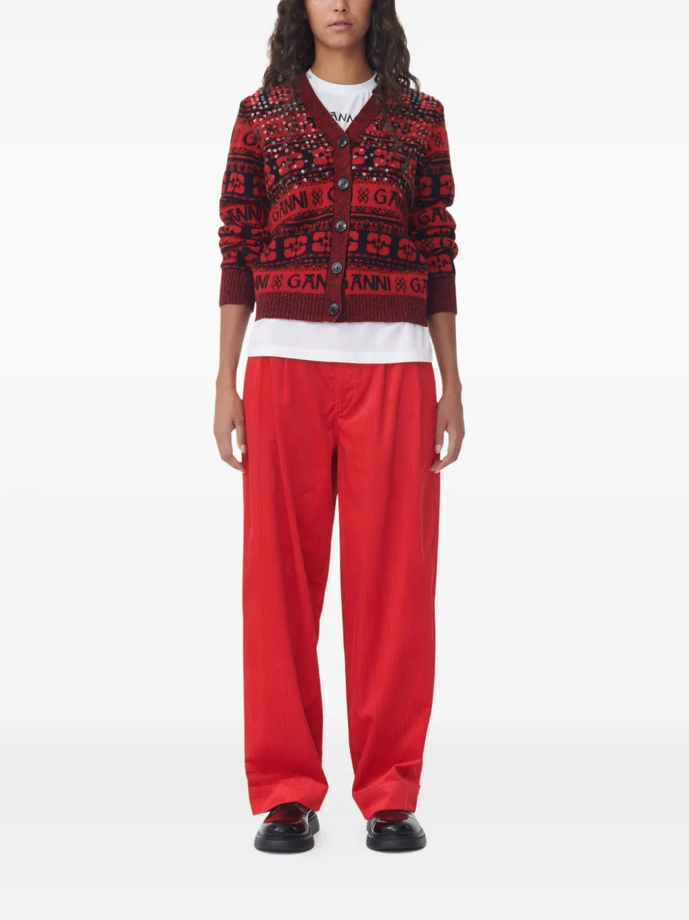 GANNI Ribfluwelen plooibroek Rood