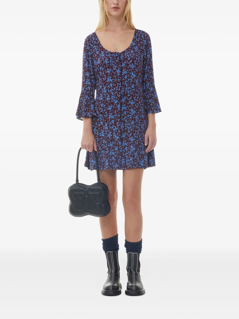 GANNI Jurk met bloemenprint en klokmouwen - Paars