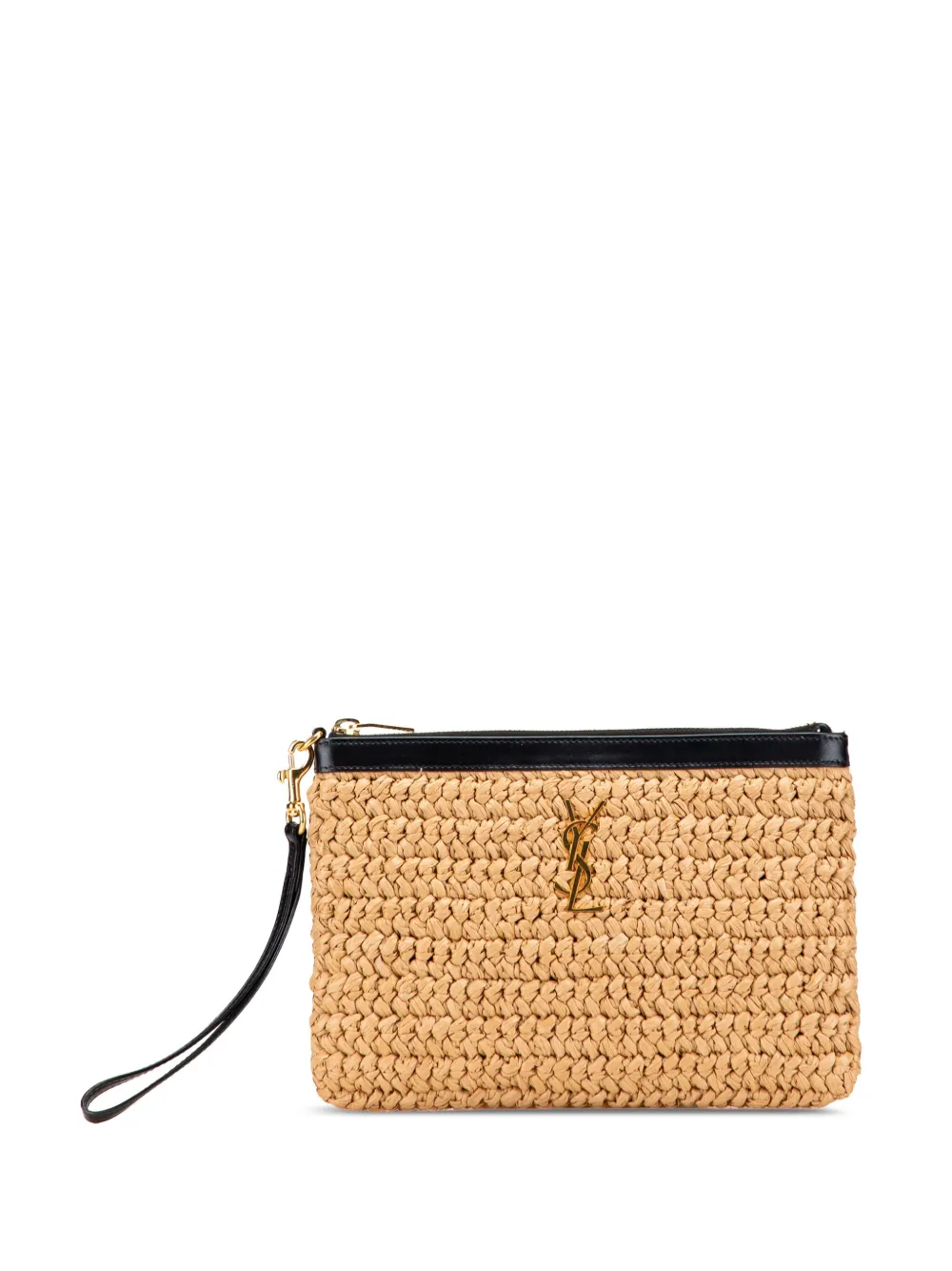 Pre-owned Saint Laurent 2019 Raffia Zipped Pouch Clutch Bag In Brown
