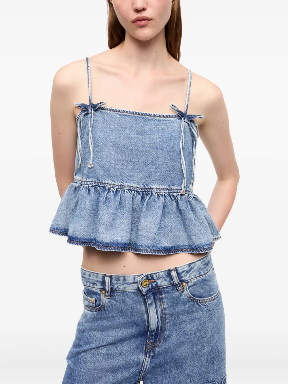 GANNI Denim top met logodetail - Blauw