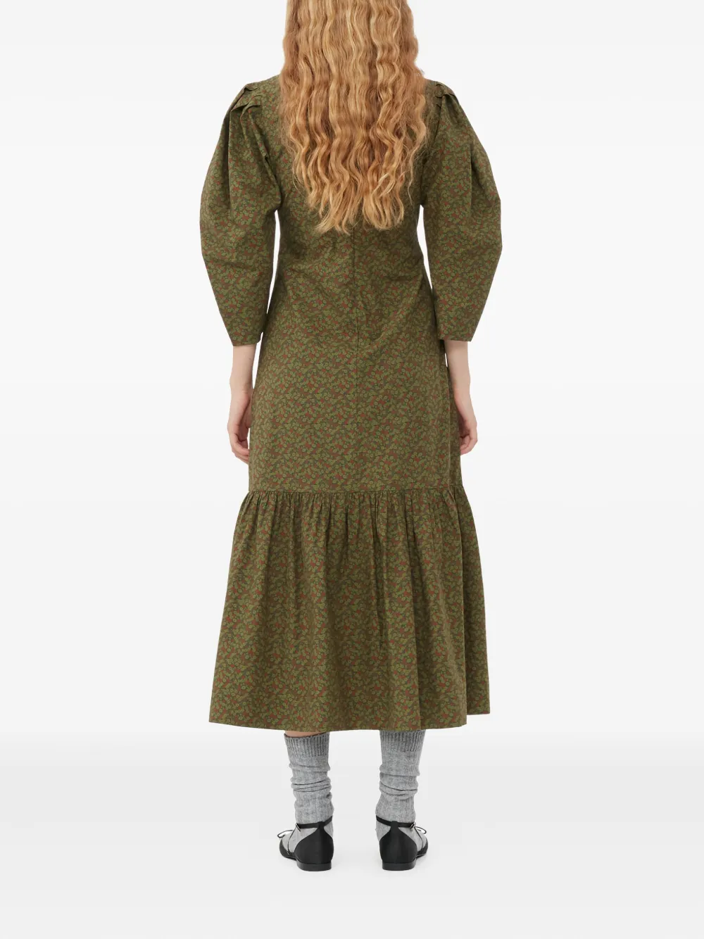 GANNI Midi-jurk met pofmouwen Groen