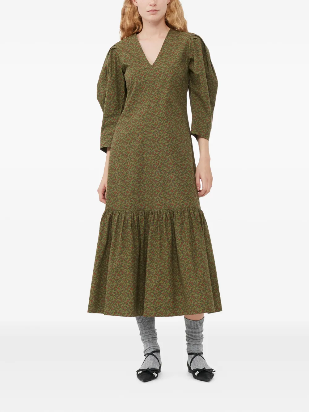 GANNI puff-sleeve floral-print midi dress - Groen