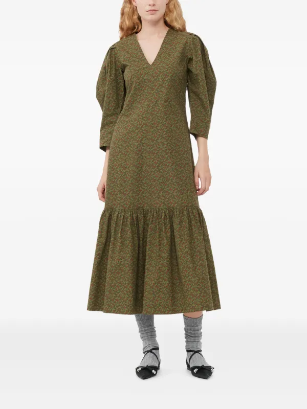 ganni green floral dress Ganni Floral Print Crepe Wrap Dress evaChic
