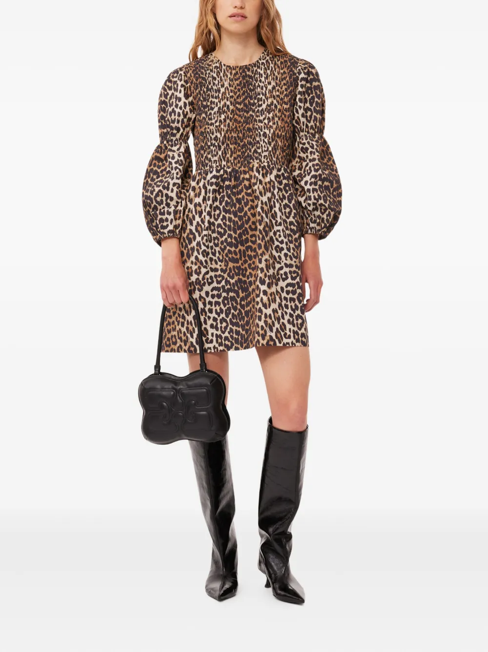 GANNI Gesmockte mini-jurk met luipaardprint - Bruin