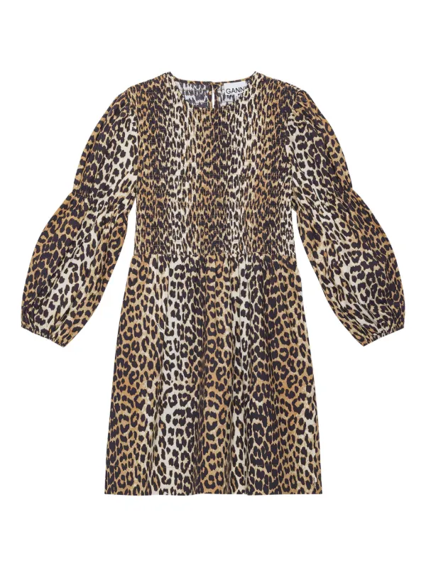 ganni printed mesh dress leopard Ganni Printed Mesh Long Ruched Dress | Print/Brown | Size 38