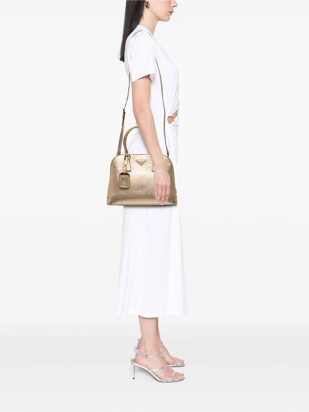 Pre-owned Prada 2013-2025 Medium Saffiano Lux Open Promenade Satchel In Gold