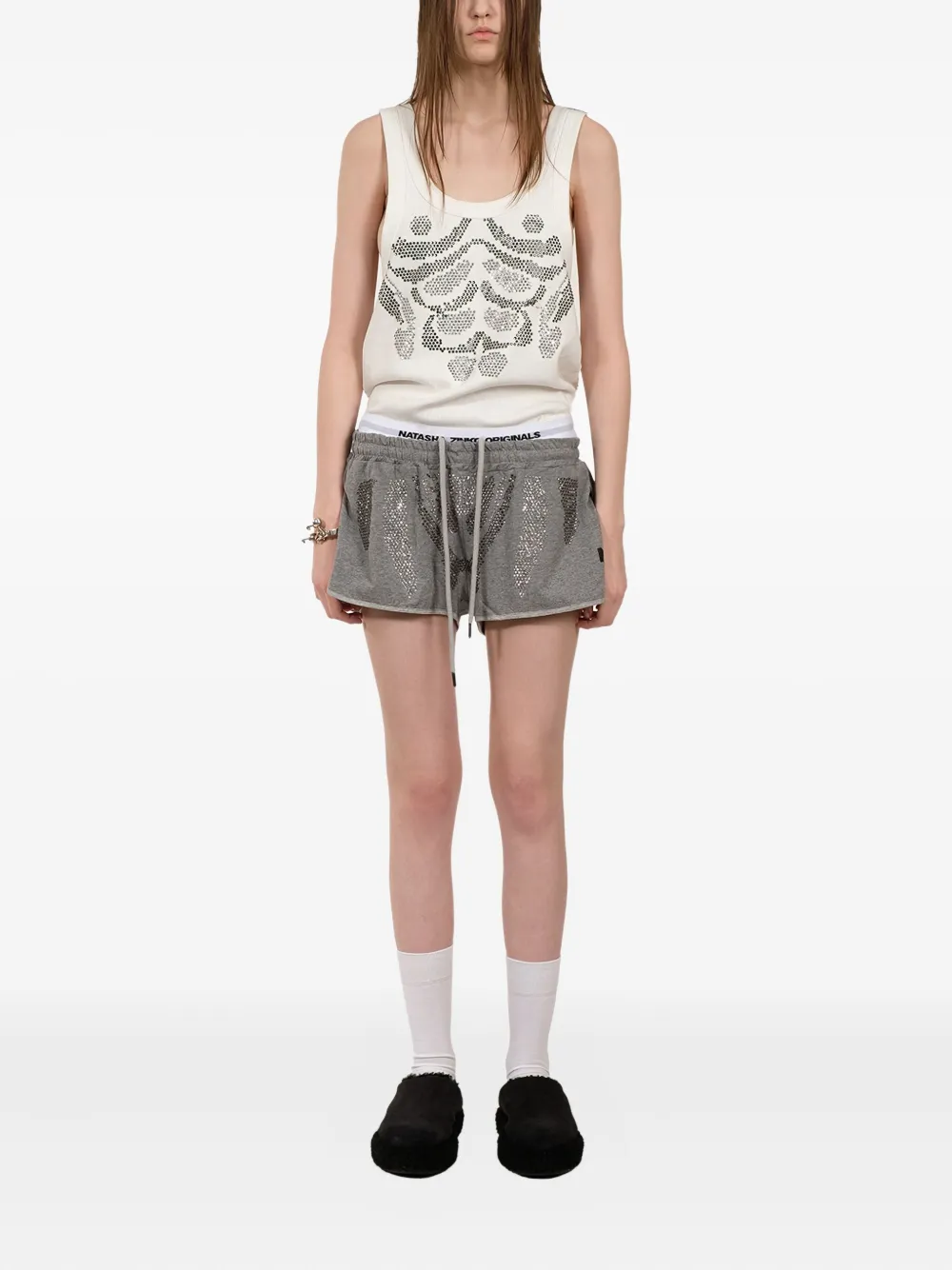 Natasha Zinko Rhinestone-embellished Drawstring Shorts In Gray