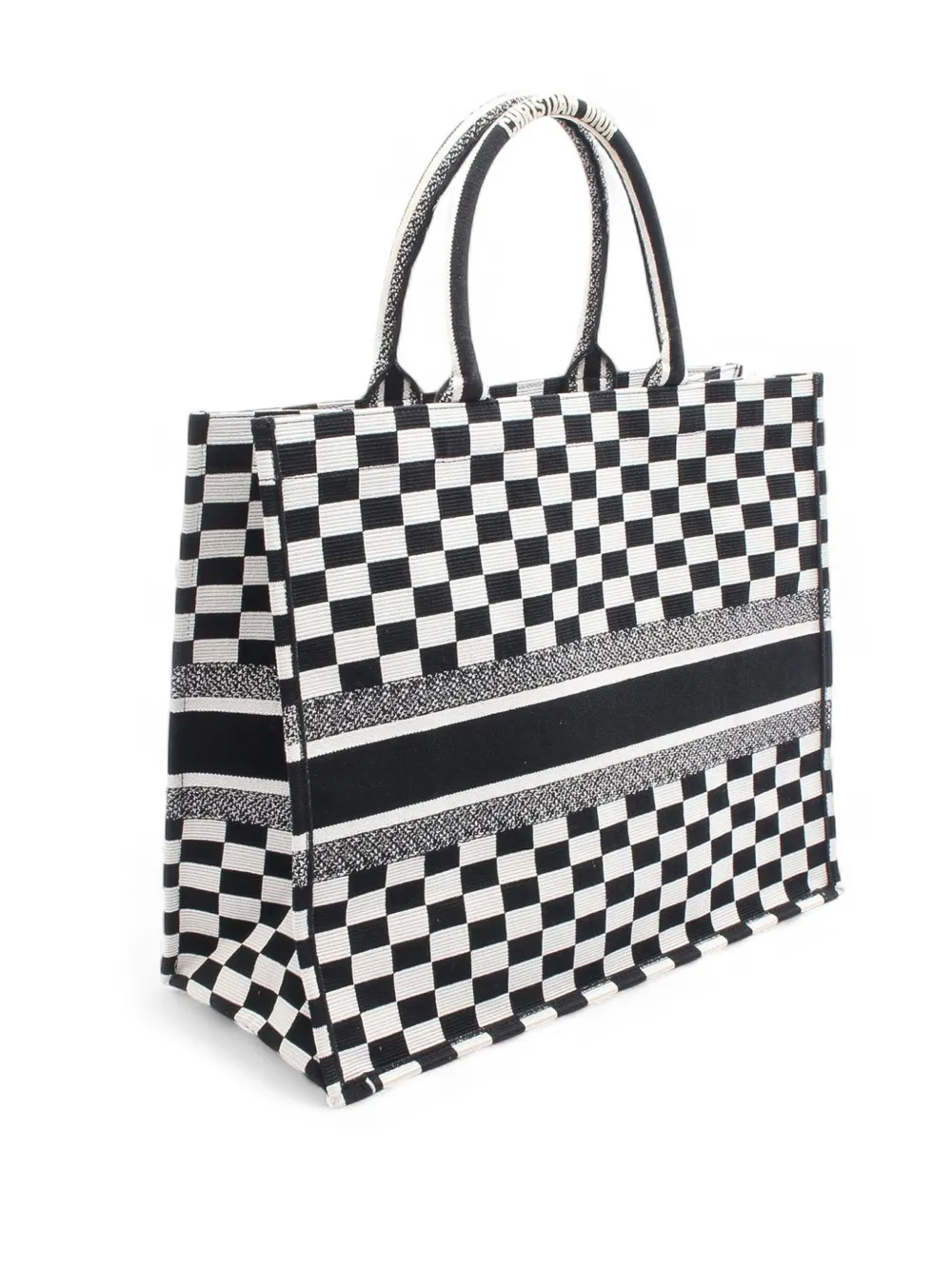 Pre-owned Dior 2018-2025 Large Embroidered Canvas Checkered Book Tote Bag In Black
