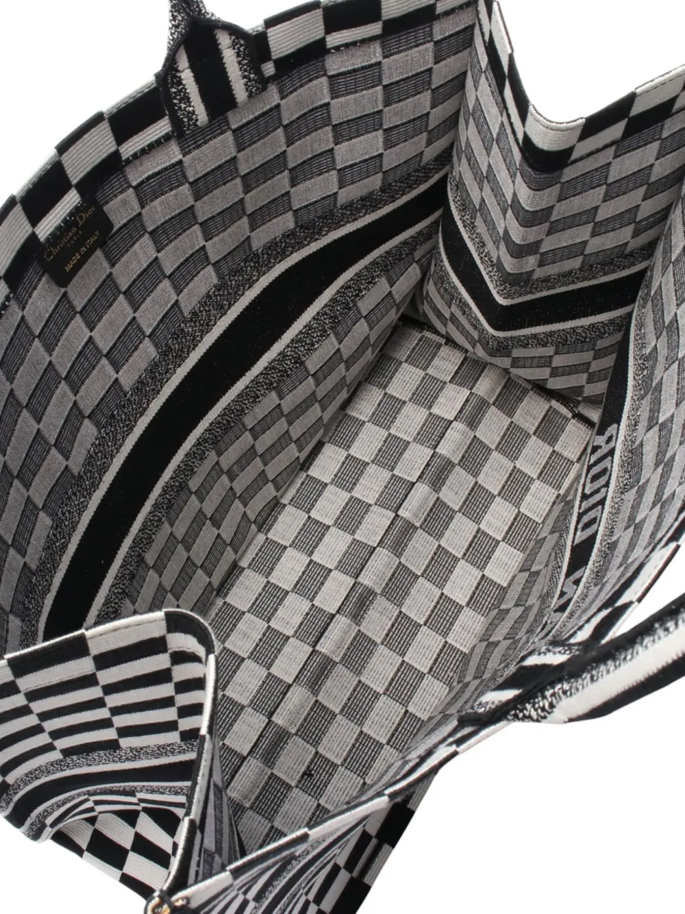 Pre-owned Dior 2018-2025 Large Embroidered Canvas Checkered Book Tote Bag In Black