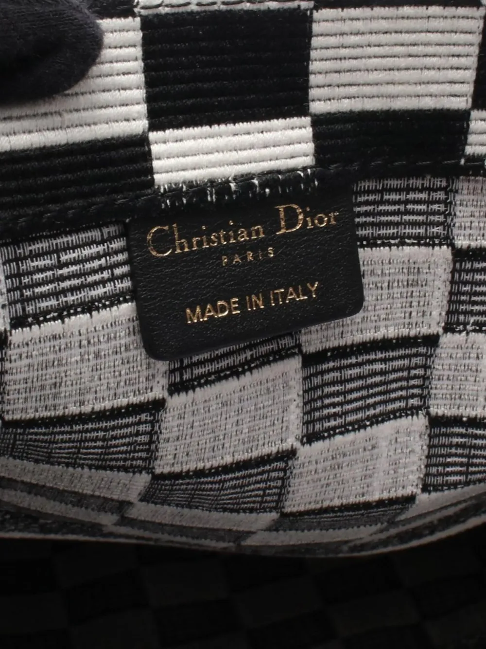 Pre-owned Dior 2018-2025 Large Embroidered Canvas Checkered Book Tote Bag In Black