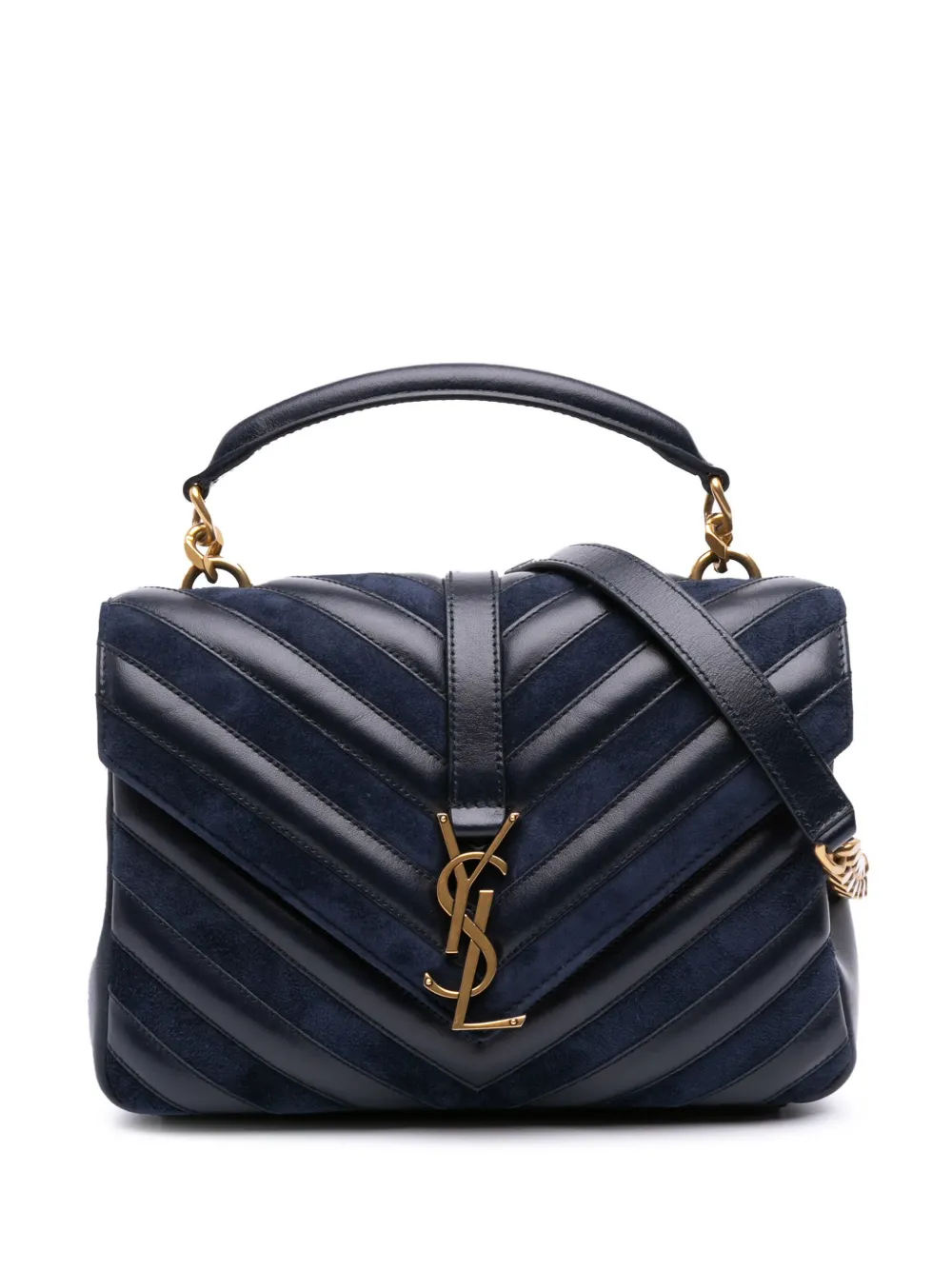 Saint Laurent Pre-Owned 2017 Medium Chevron Calfskin and Suede Monogram College Bag satchel | Blue | Image 1