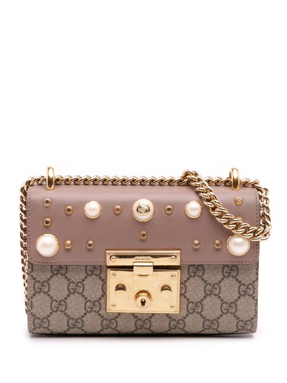 Gucci Pre-Owned 2016-2025 スモール GGスプリーム パールスタッズ パドロック ショルダーバッグ - ブラウン Gucci Pre-Owned 2016-2025 スモール GGスプリーム パールスタッズ パドロック ショルダーバッグ - ブラウン