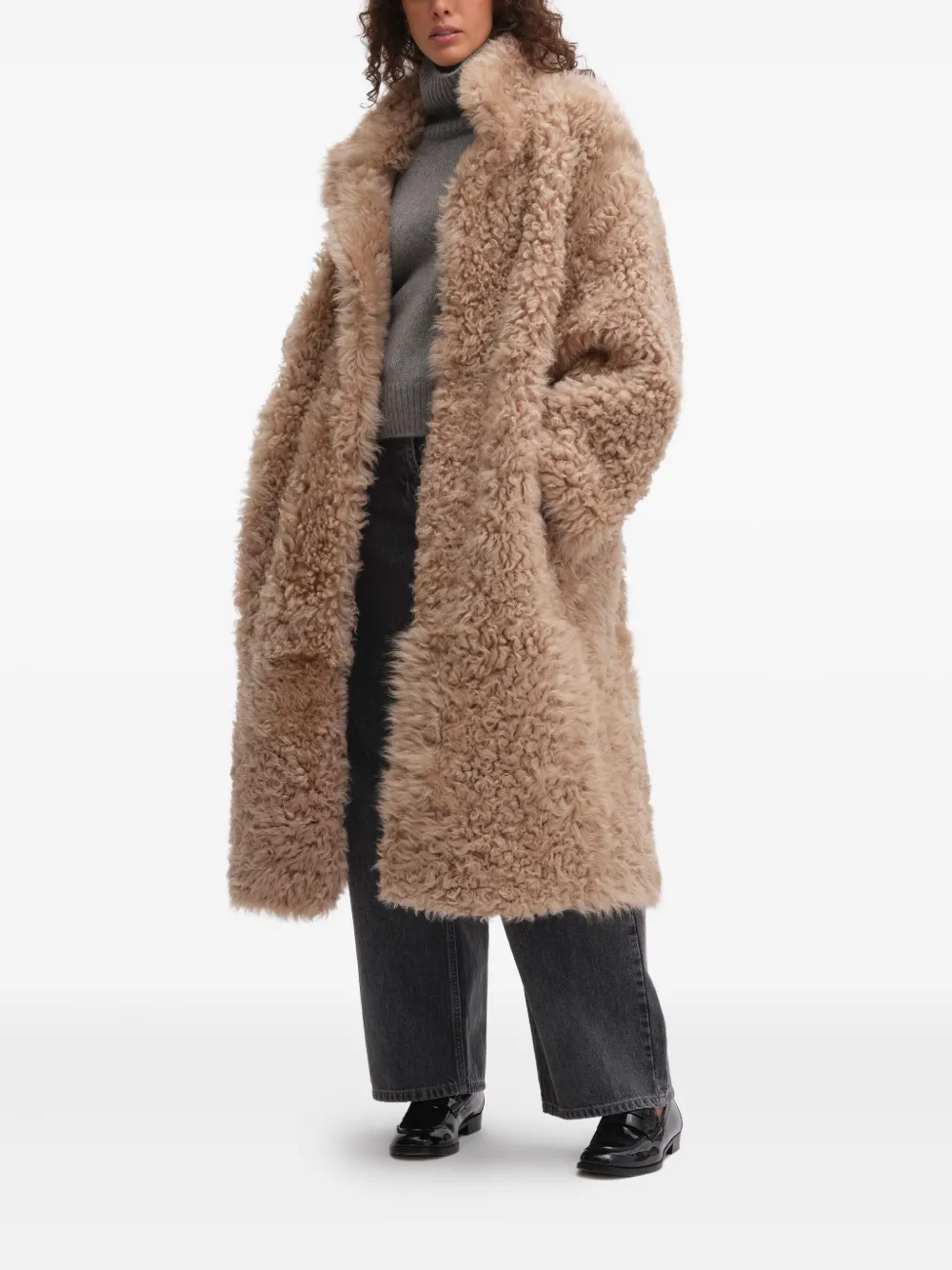 Remain Birger Christensen Shearling Leather Long Coat In Brown