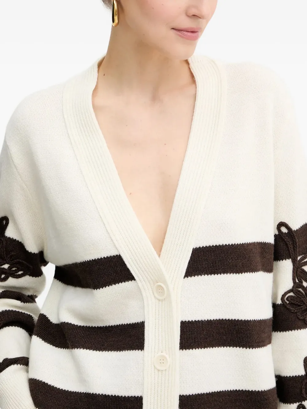 Ermanno Scervino Striped-pattern Floral-appliqué Cardigan In White
