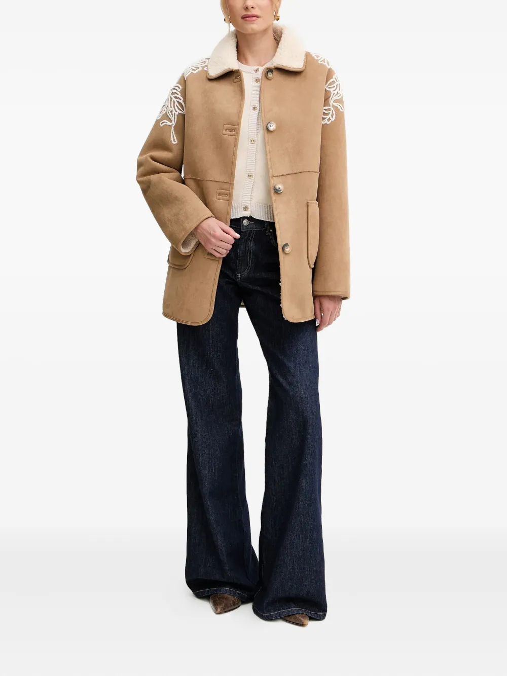 Ermanno Scervino floral-appliqué shearling-lined coat - Bruin