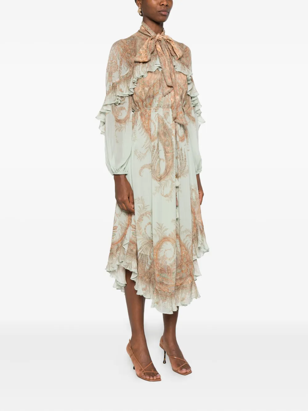 2025春夏【ZIMMERMANN】ペイズリー リネン ビスチェ ドレス ZIMMERMANN ペイズリープリント ラッフルドレス | ブルー