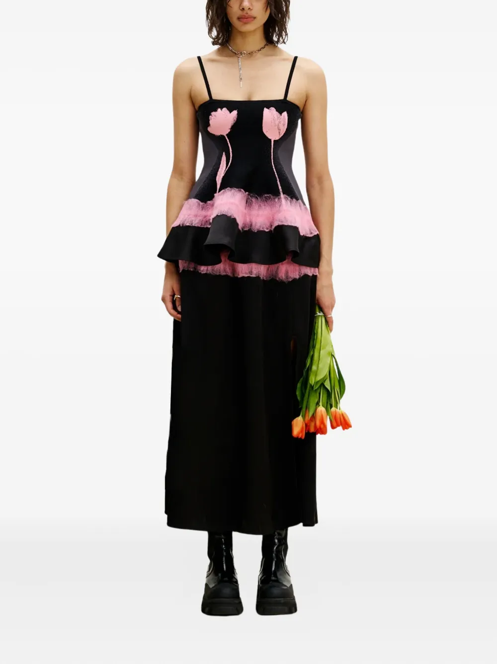 Ph5 Tulip-print Peplum Top In Black