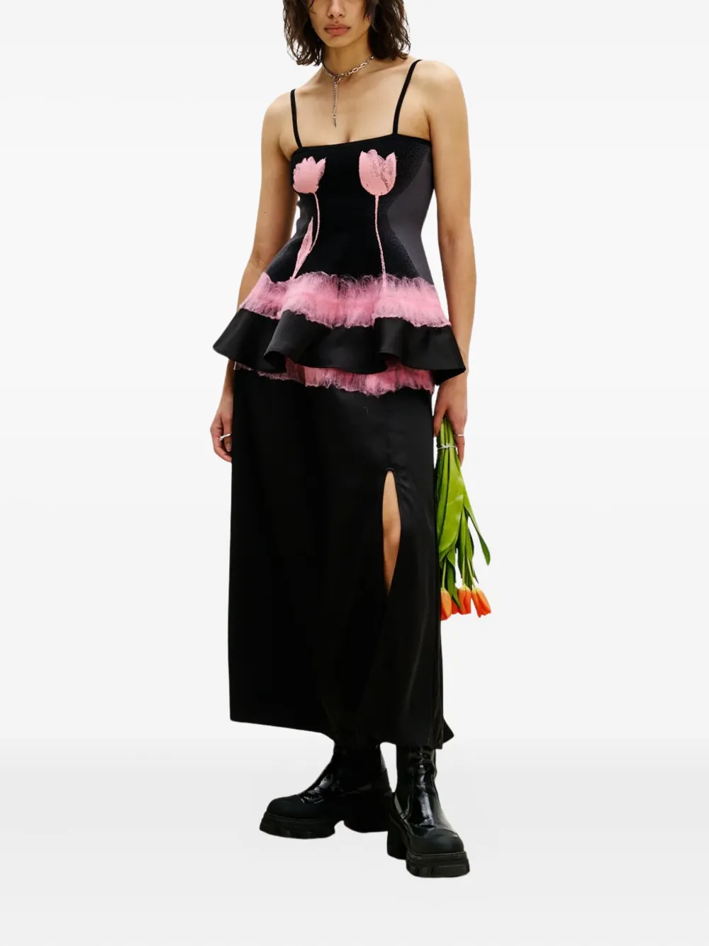 Ph5 Tulip-print Peplum Top In Black