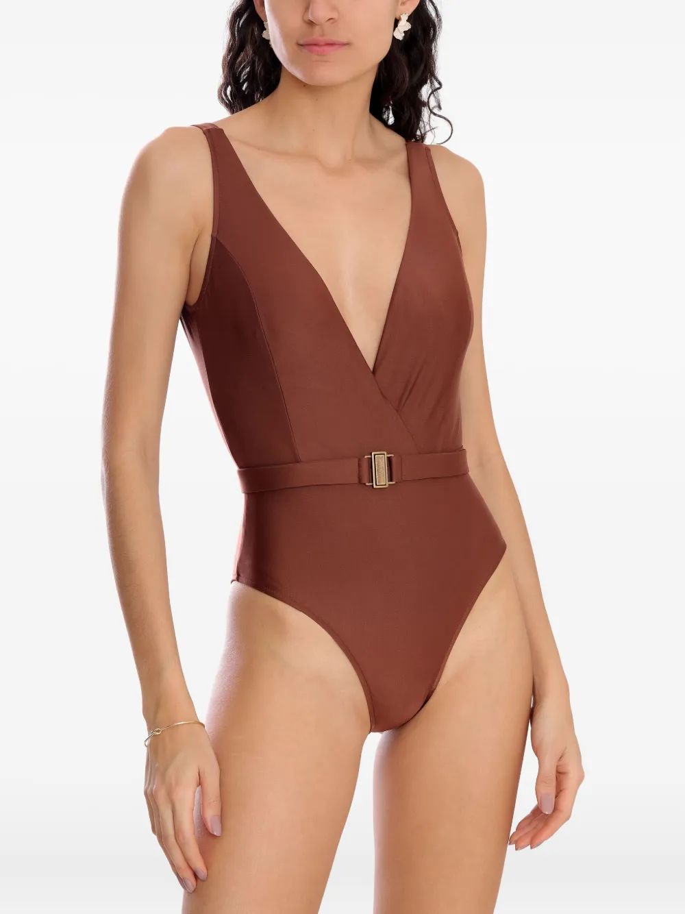 Lygia & Nanny Evita Belted V-neck Swimsuit In Brown